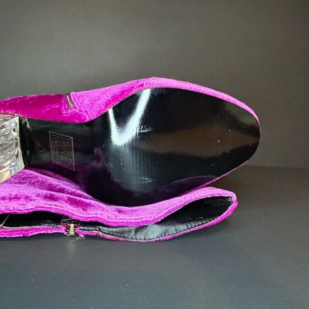 New Wide Calf Size 8W Pink Magenta Velvet With Clear Chunky Heel Boots - Picture 12 of 16